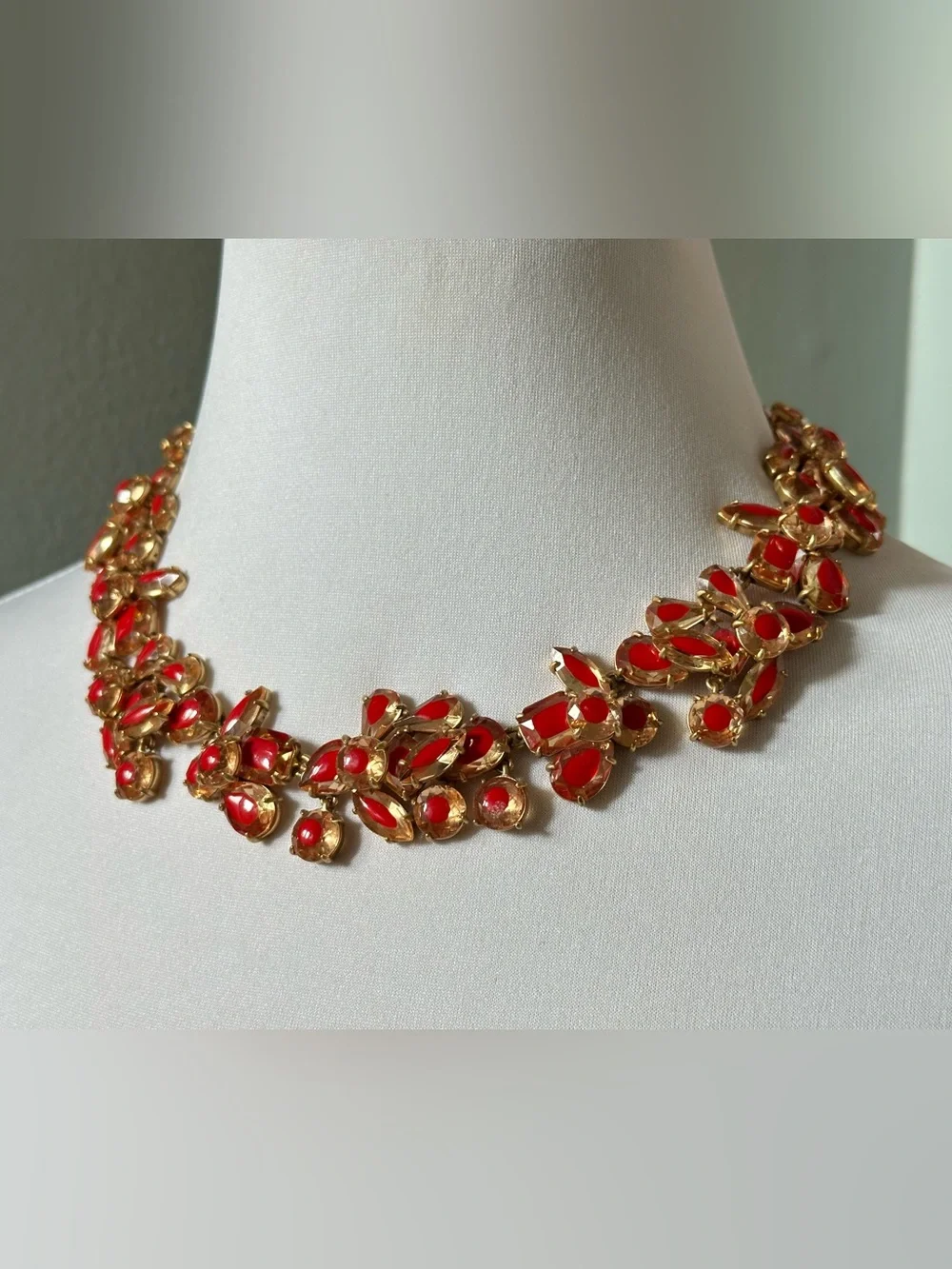 J Crew Brulee Red Chunky Crystal Cluster Stone Necklace Old Money East Coast